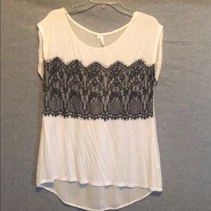 White top/black lace trim